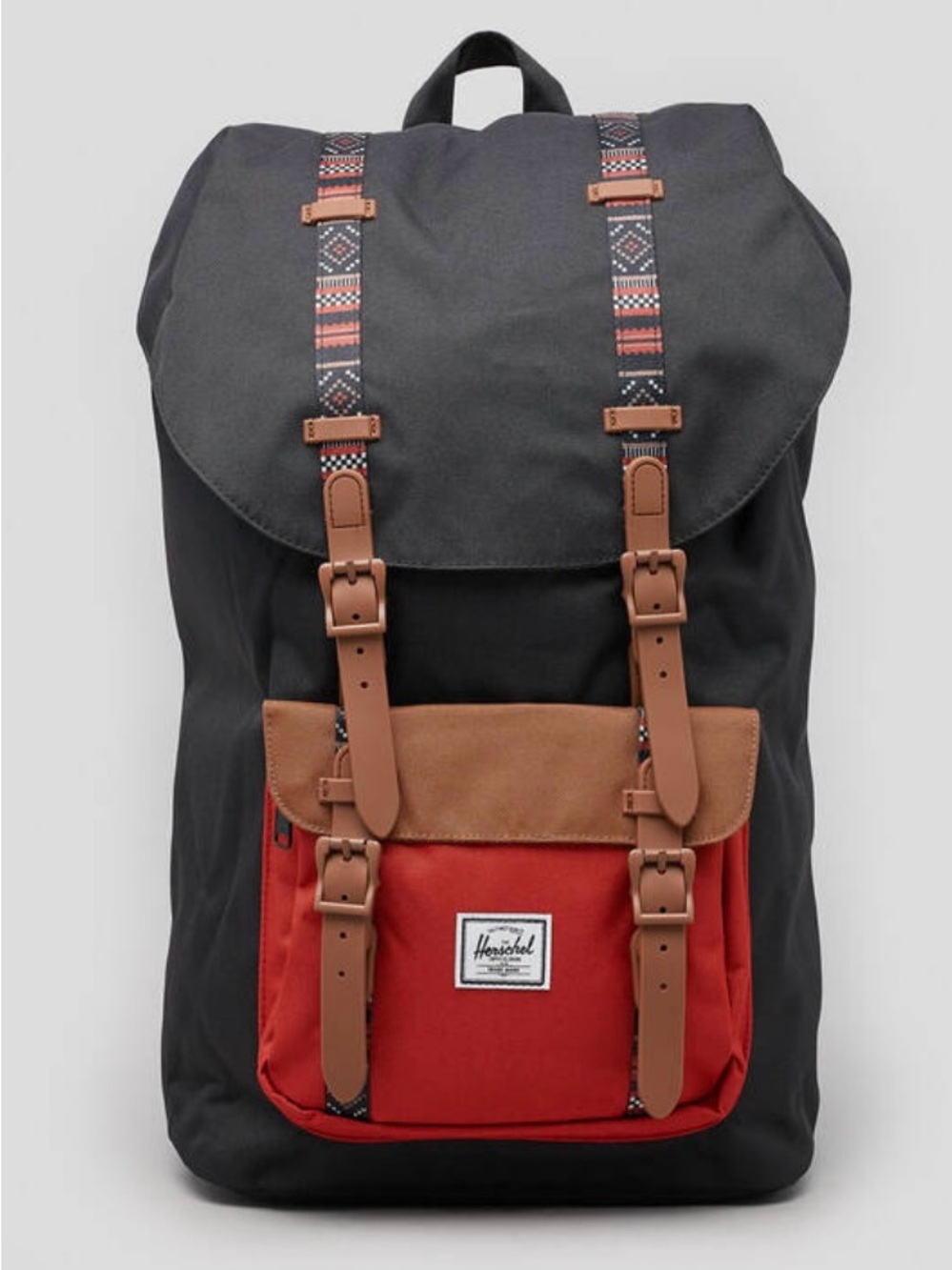 Herschel Supply Company Black Backpack with Red Front Pocket and Brown Accents